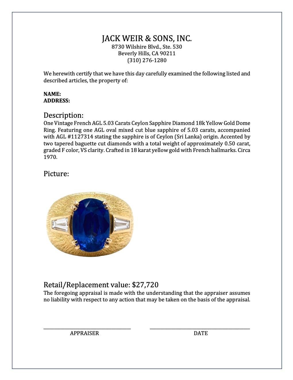 Vintage French AGL 5.03 Carats Ceylon Sapphire Diamond 18k Yellow Gold Dome Ring 3