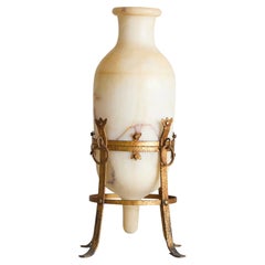 Vintage French Alabaster Vase + Gilt Metal Stand