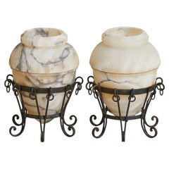 Vintage French Alabaster Vase with Wrought-Iron Stand - 2 Available