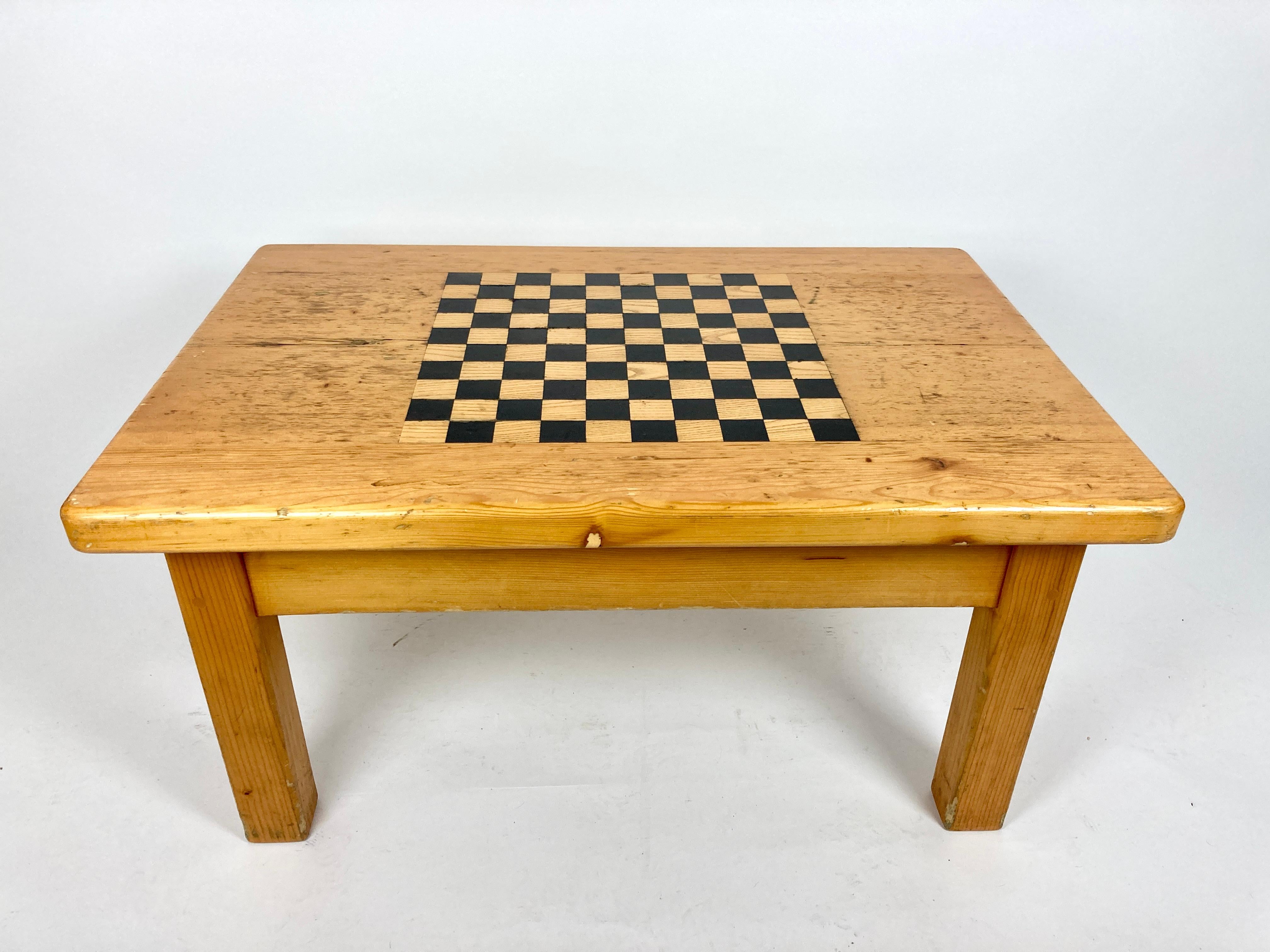 Vintage French Alpine Chalet Coffee Table with Inlaid Chequer Board 5