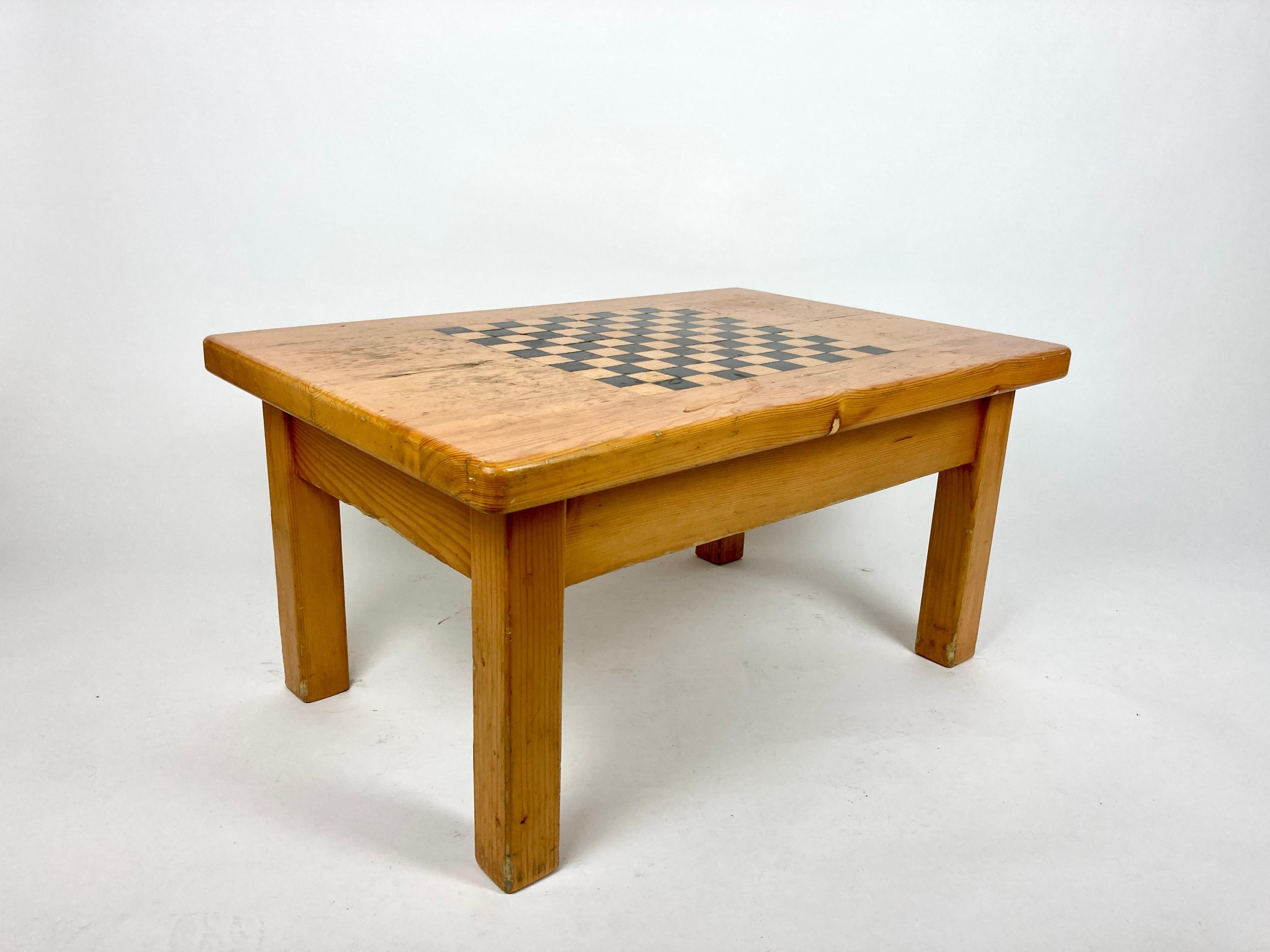 Vintage French Alpine Chalet Coffee Table with Inlaid Chequer Board 6