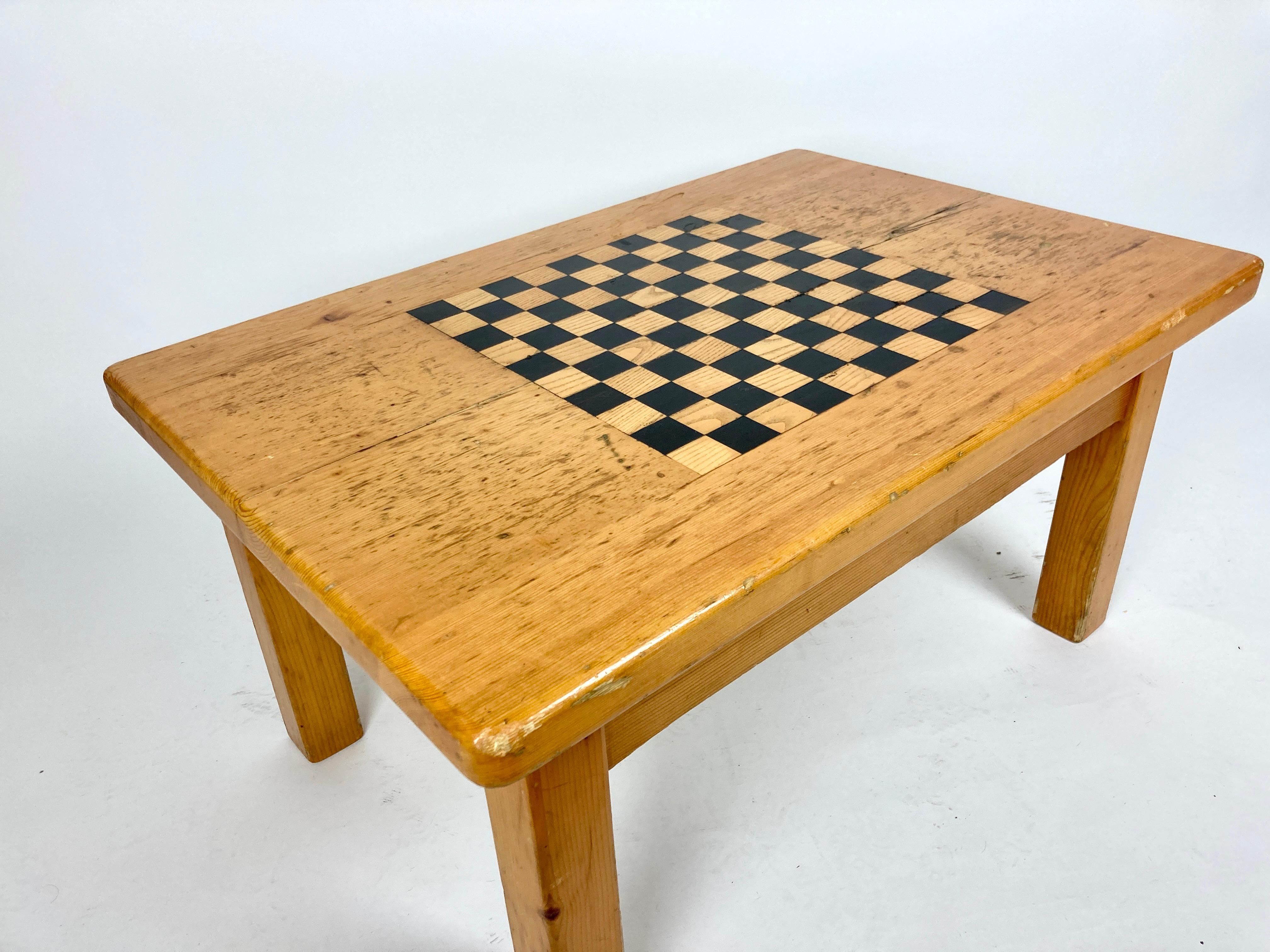 Vintage French Alpine Chalet Coffee Table with Inlaid Chequer Board 10
