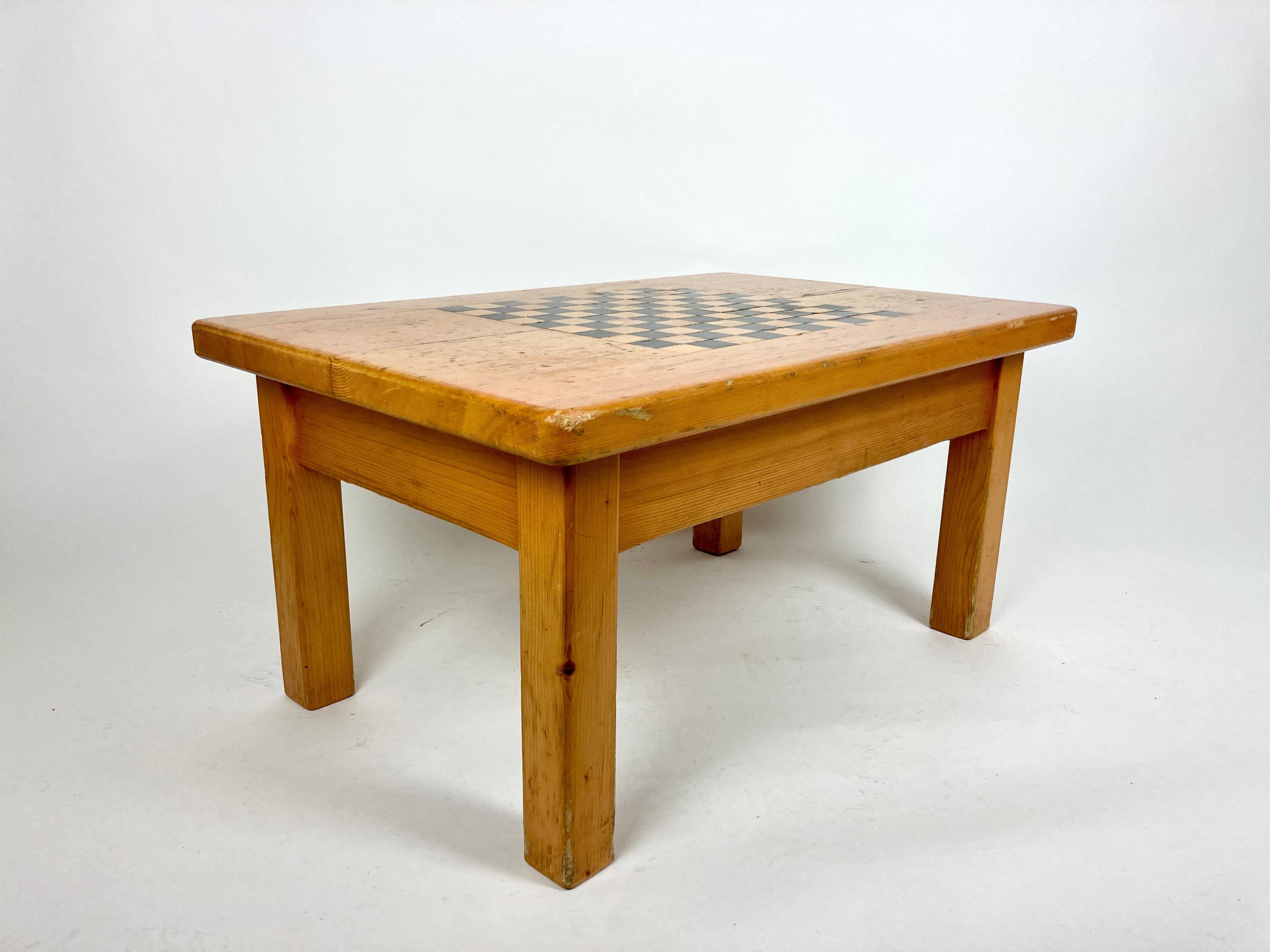 20th Century Vintage French Alpine Chalet Coffee Table with Inlaid Chequer Board