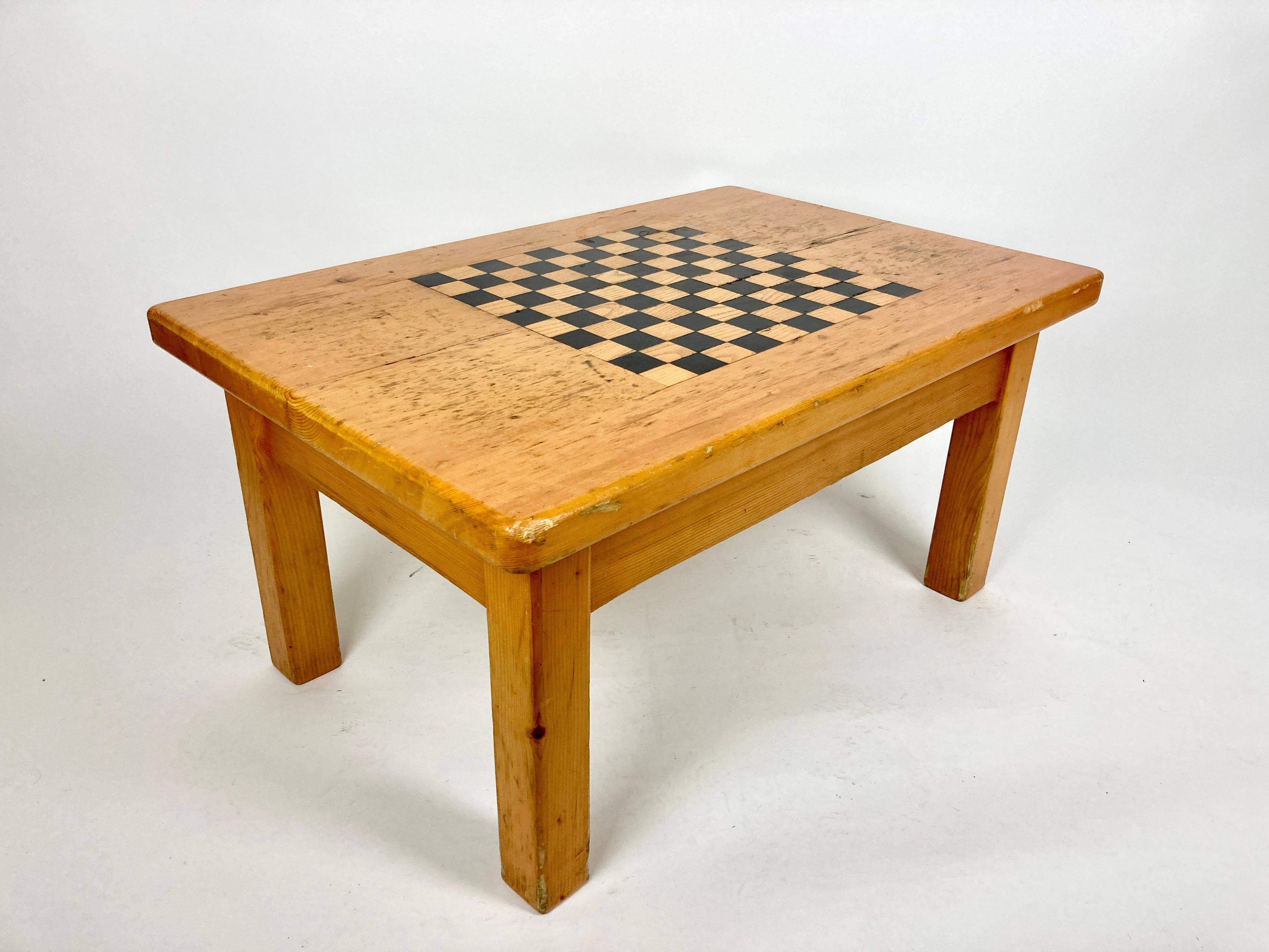 Pine Vintage French Alpine Chalet Coffee Table with Inlaid Chequer Board