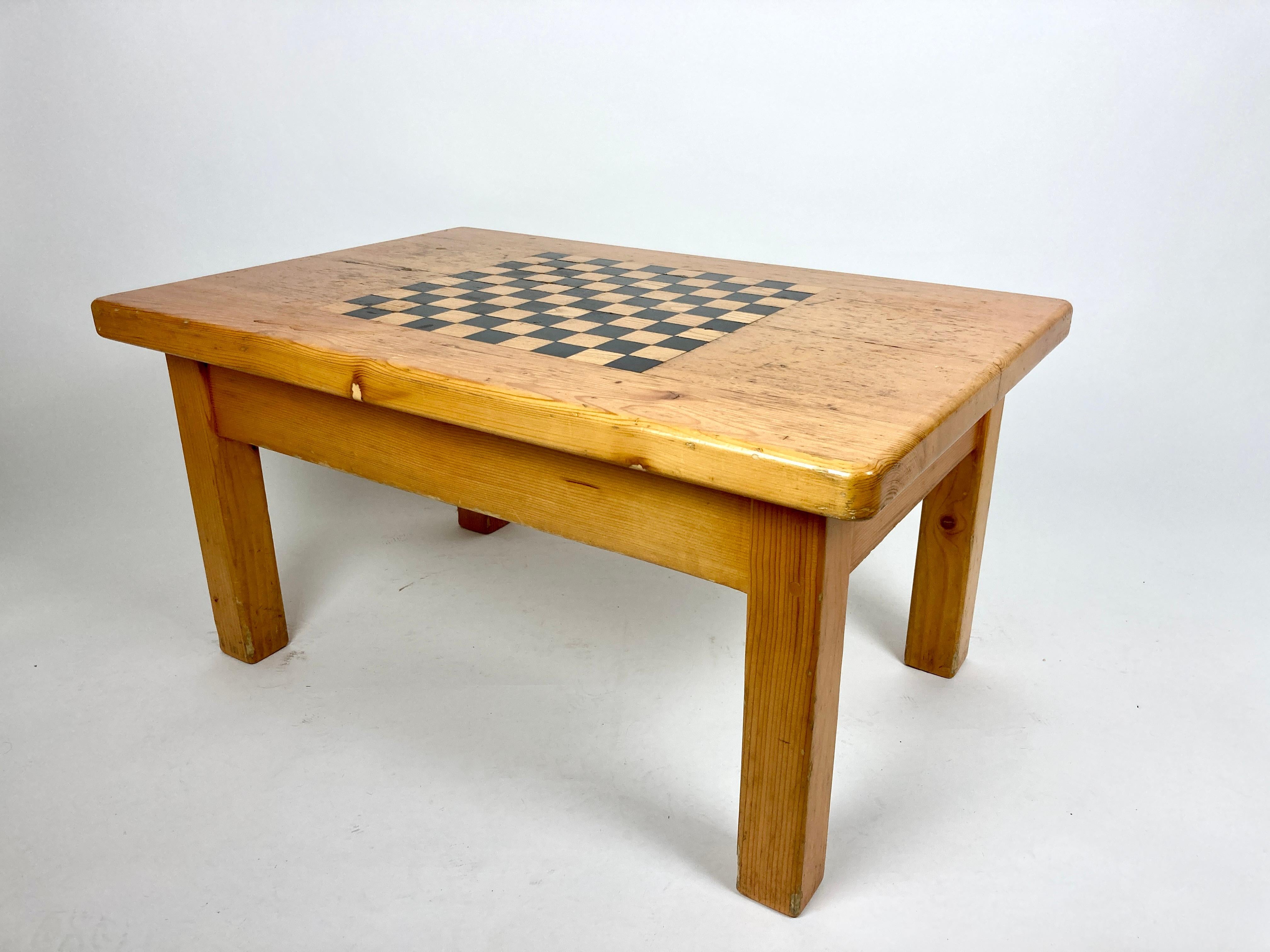 Vintage French Alpine Chalet Coffee Table with Inlaid Chequer Board 3