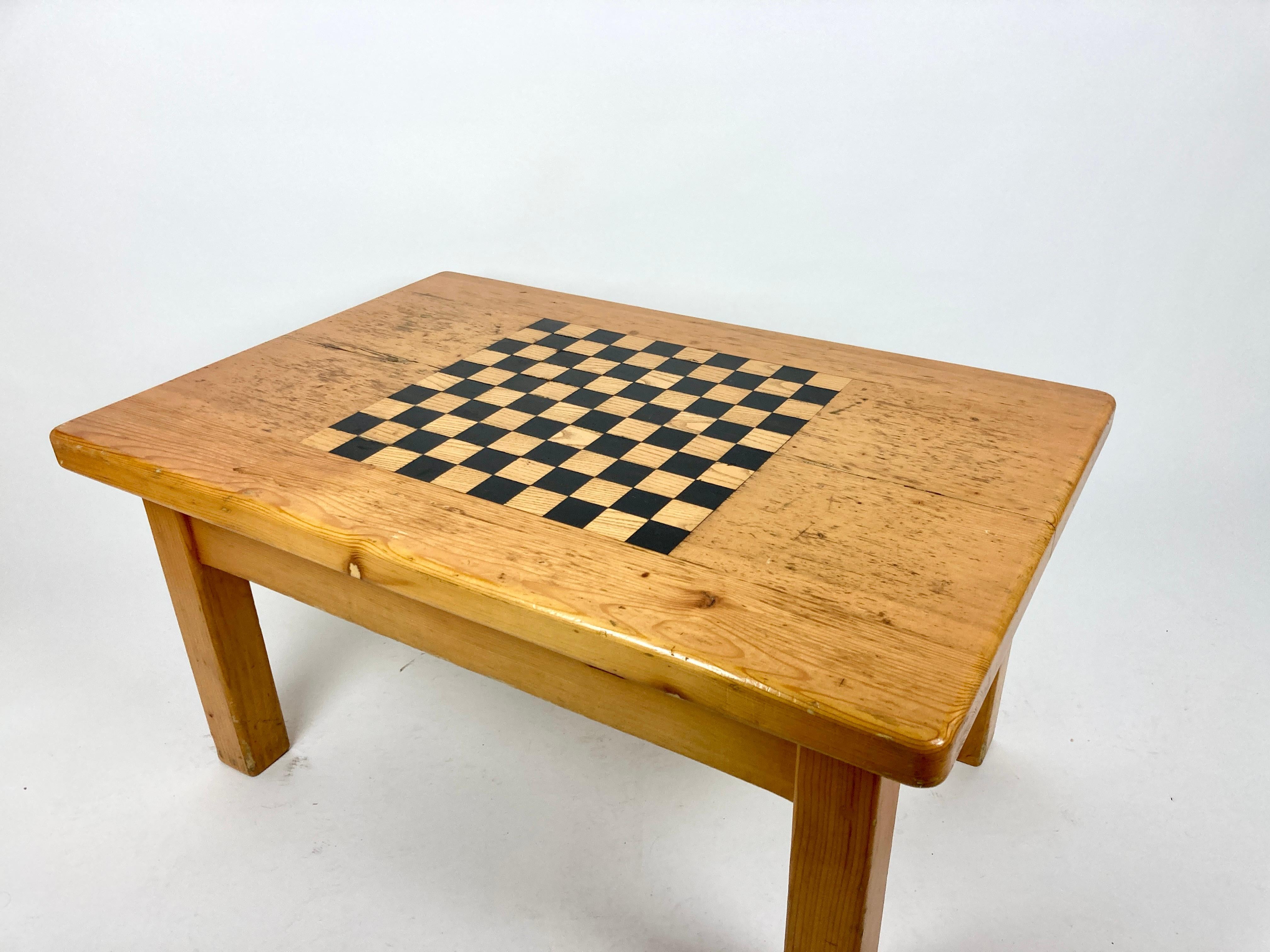 Vintage French Alpine Chalet Coffee Table with Inlaid Chequer Board 4