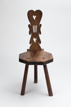 Vintage French Alpine Folk Chair with Heart-Back in Solid Wood Ca 1950s