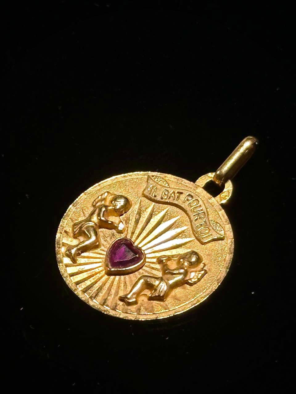 Vintage French Angel Cherub Pendant Il Bat Pour Toi Medal of Love 18K Gold 6