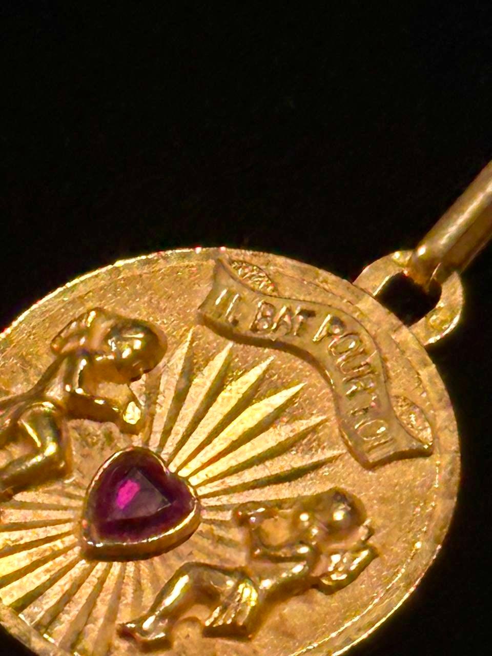 Vintage French Angel Cherub Pendant Il Bat Pour Toi Medal of Love 18K Gold 7