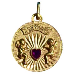 Vintage French Angel Cherub Pendant Il Bat Pour Toi Medal of Love 18K Gold