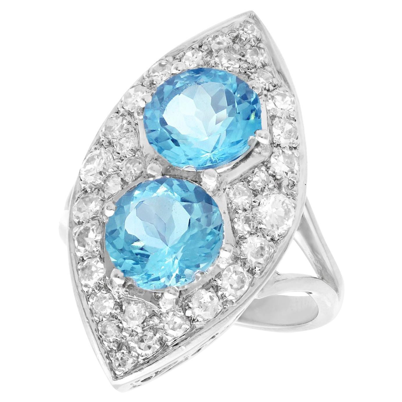 Vintage French Aquamarine and Diamond Cluster Ring in 18k White Gold For Sale