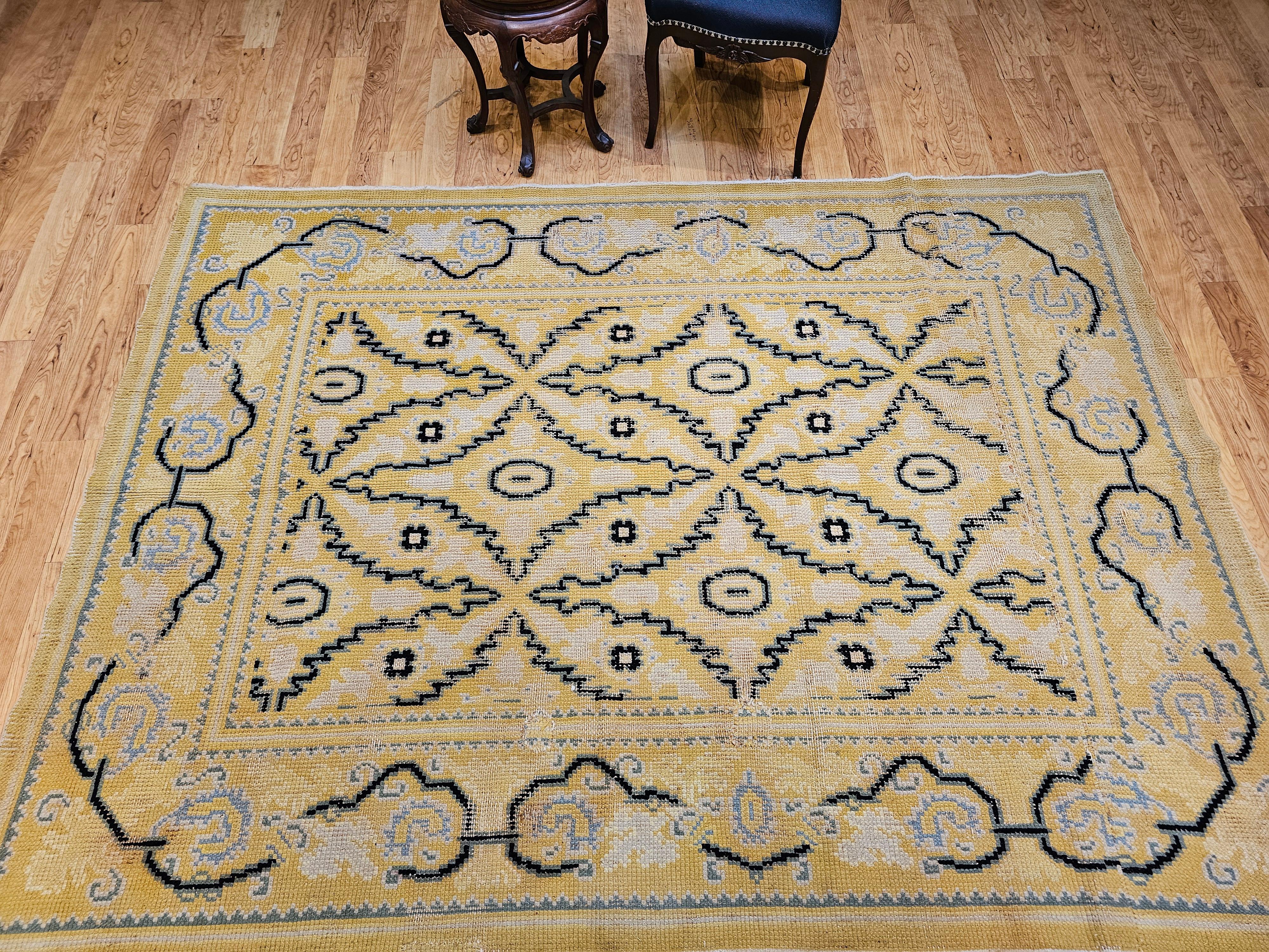 Vintage French Area Rug in Allover Geometric Pattern in Yellow, Blue, Black  For Sale 8