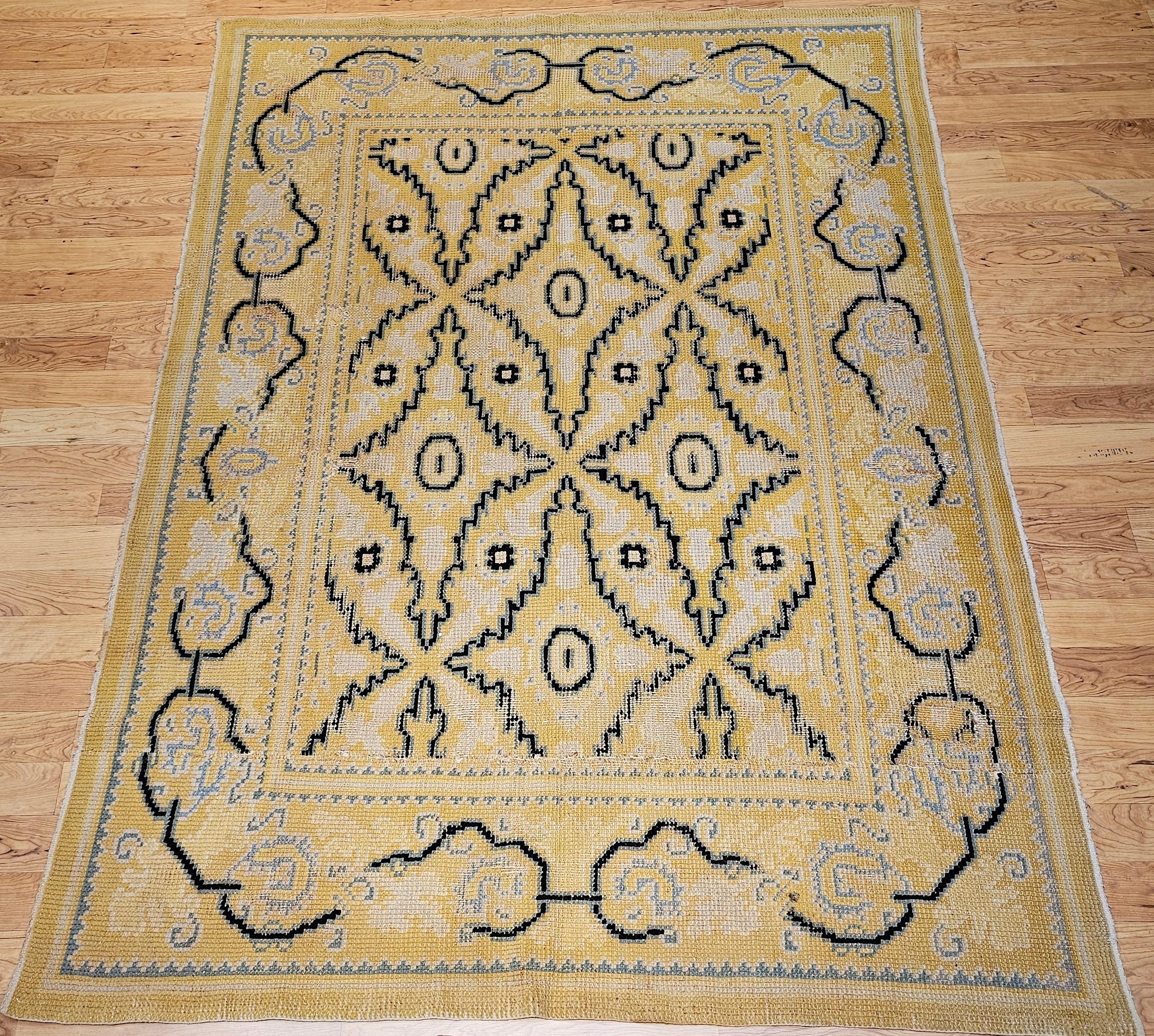 Vintage French Area Rug in Allover Geometric Pattern in Yellow, Blue, Black  For Sale 9