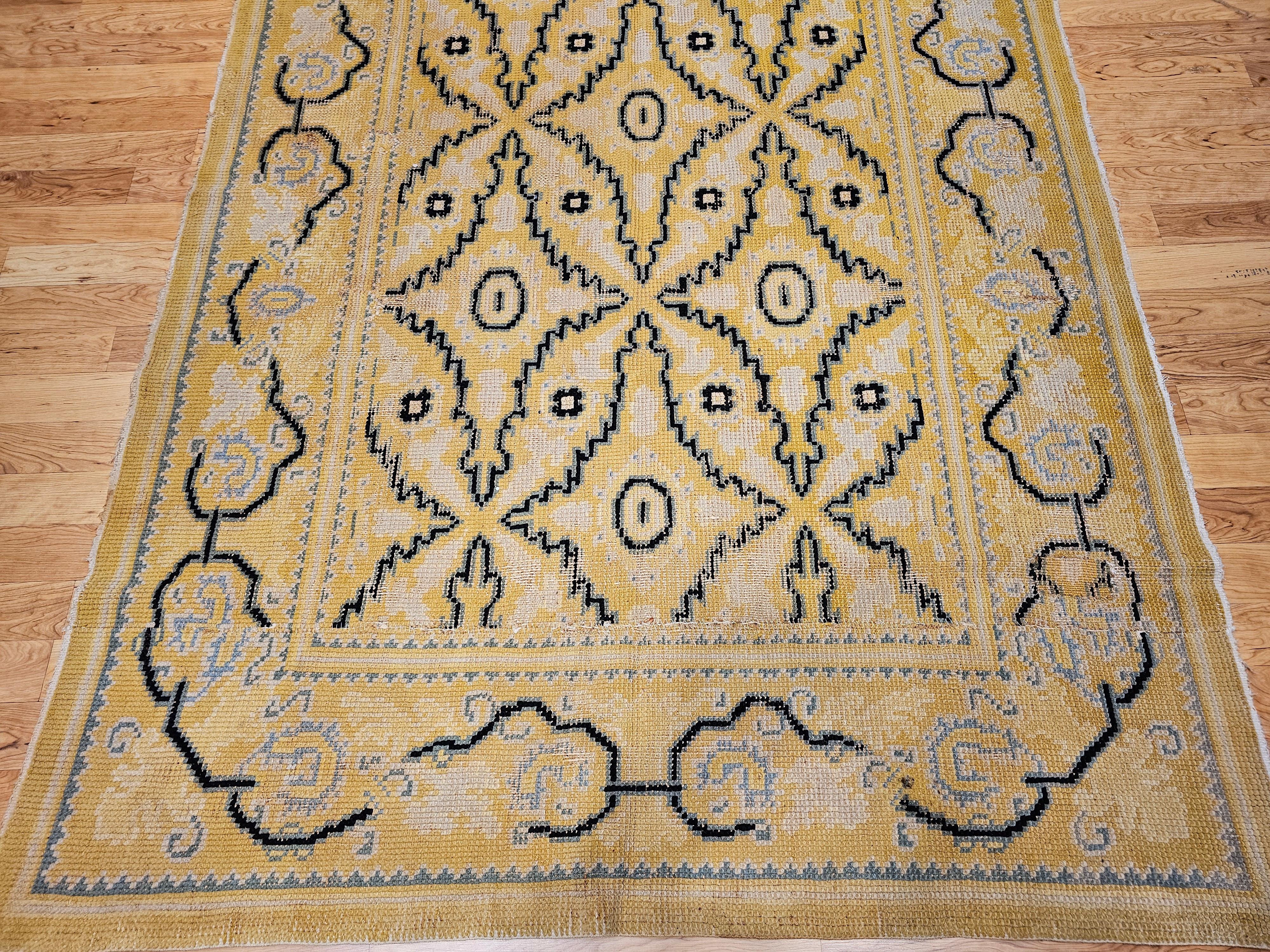 Hand-Woven Vintage French Area Rug in Allover Geometric Pattern in Yellow, Blue, Black  For Sale