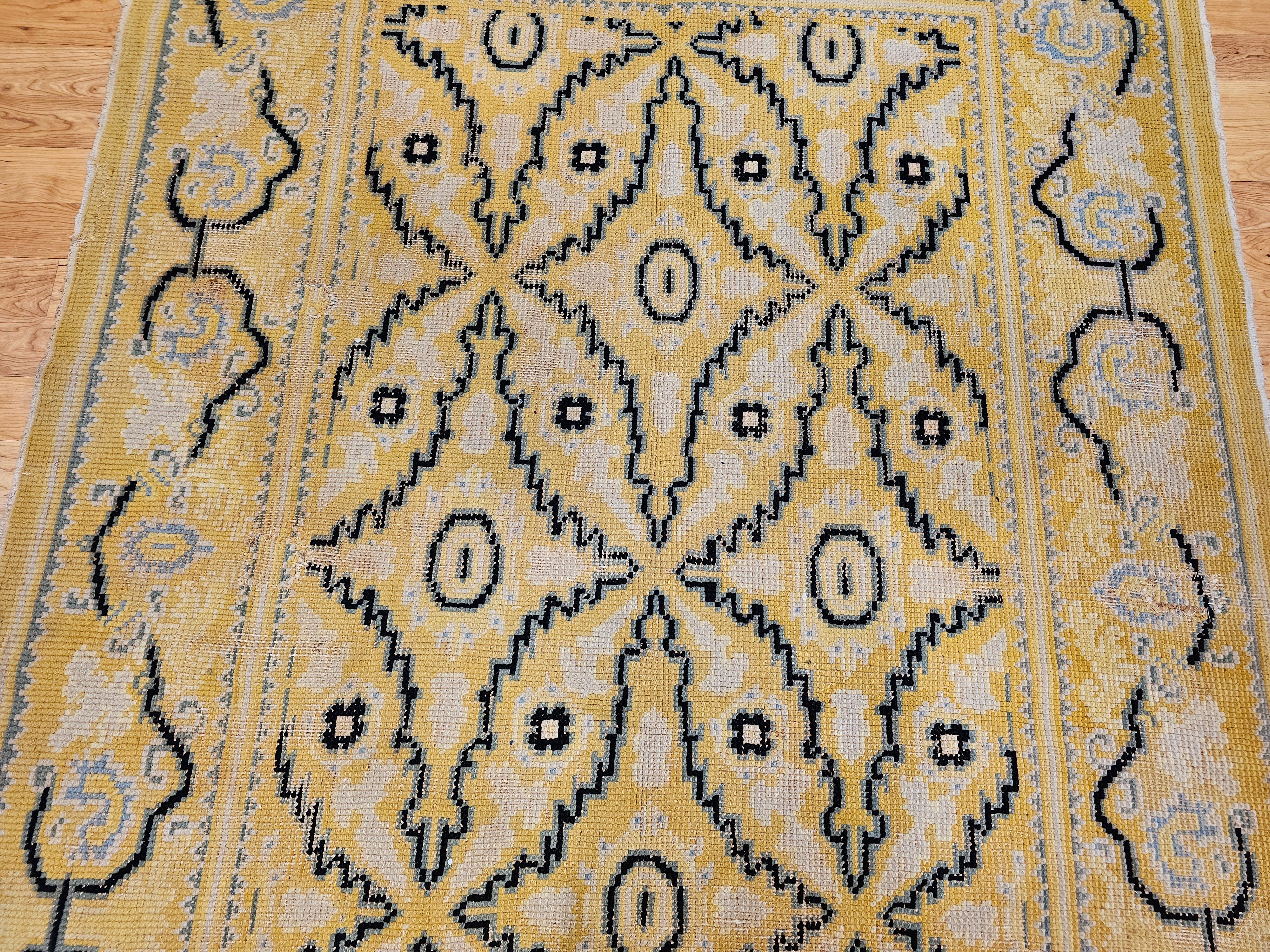 Vintage French Area Rug in Allover Geometric Pattern in Yellow, Blue, Black  In Good Condition For Sale In Barrington, IL