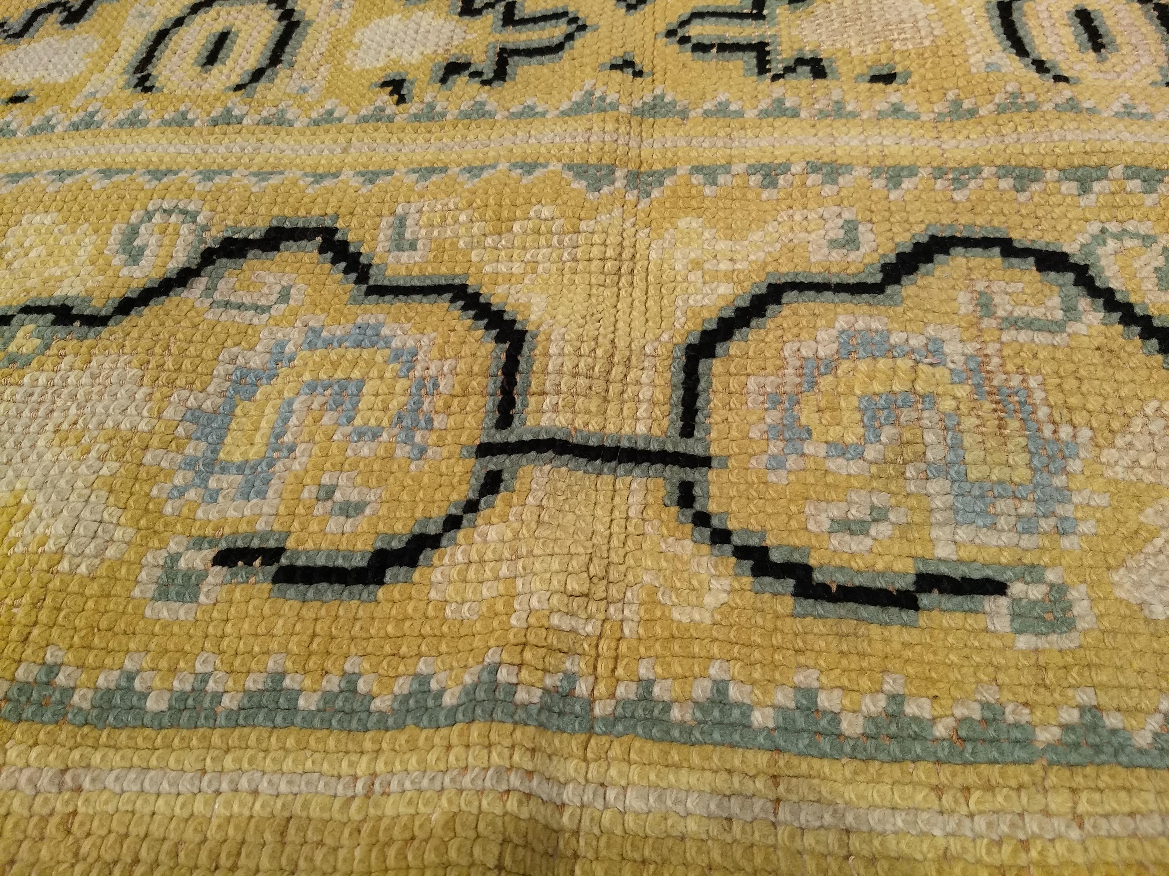 Wool Vintage French Area Rug in Allover Geometric Pattern in Yellow, Blue, Black  For Sale