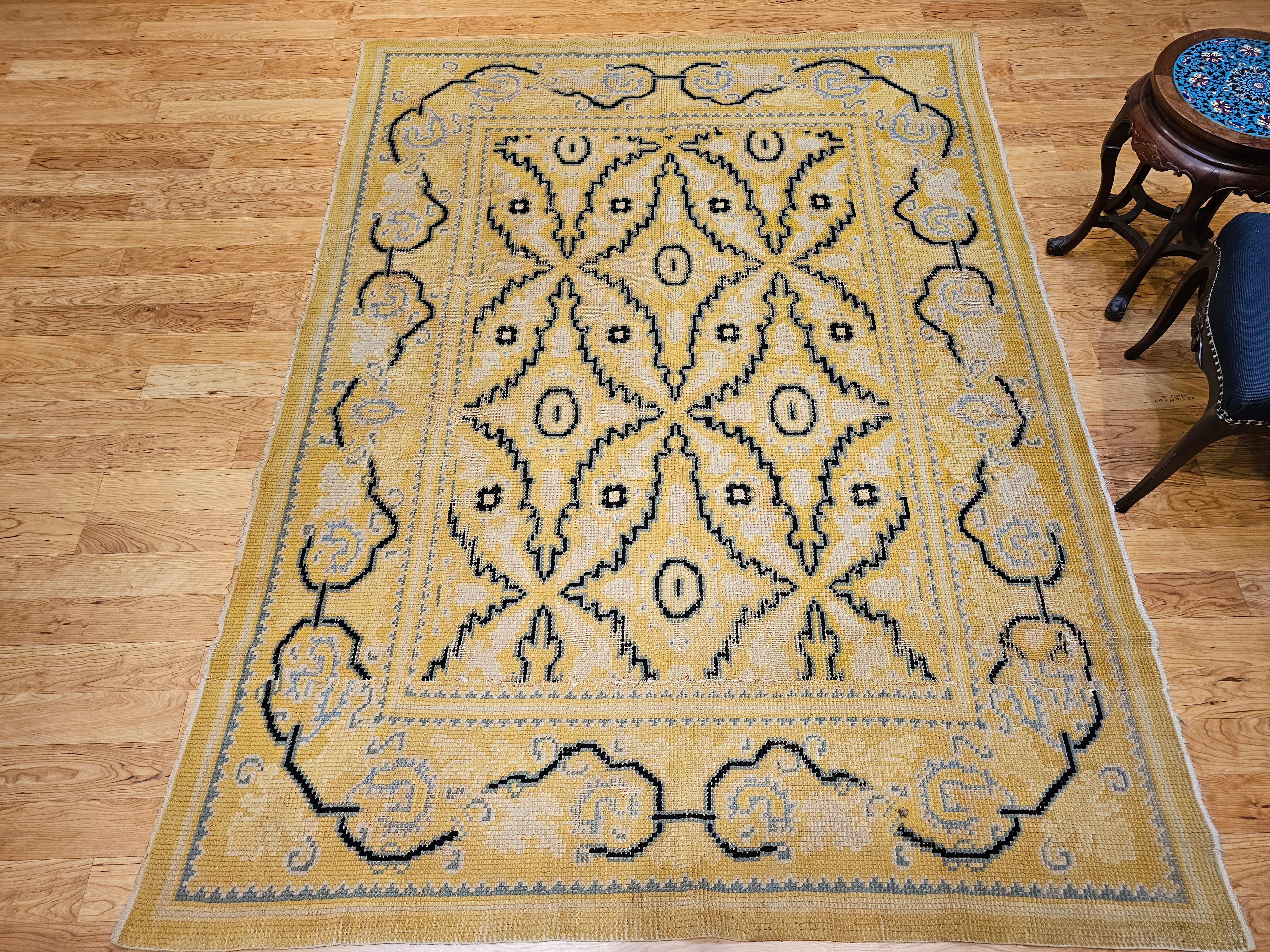 Vintage French Area Rug in Allover Geometric Pattern in Yellow, Blue, Black  For Sale 3