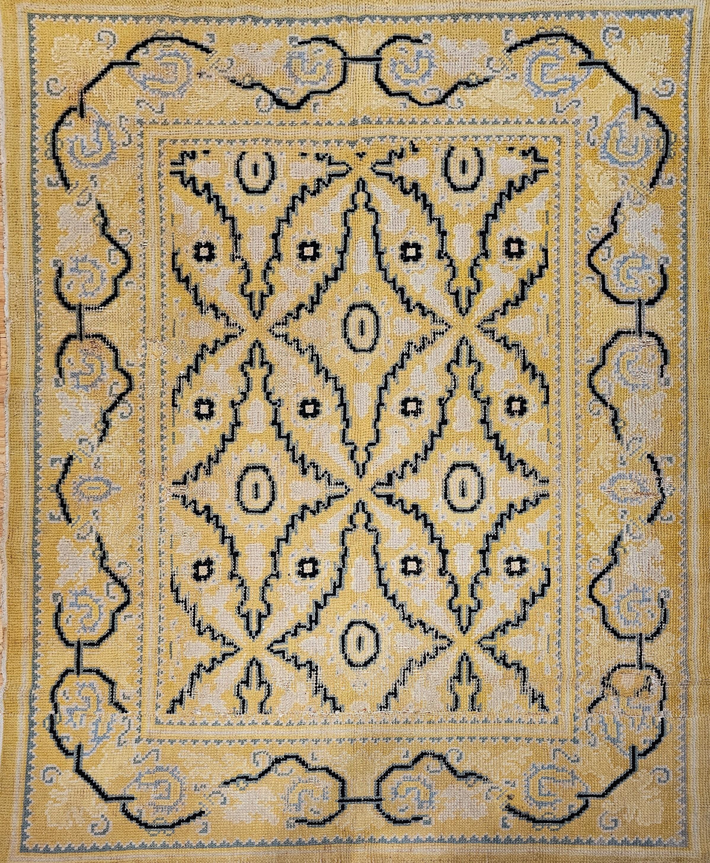 Vintage French Area Rug in Allover Geometric Pattern in Yellow, Blue, Black  For Sale