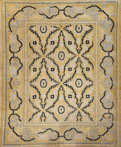 Französischer Vintage-Teppich mit geometrischem Allover-Muster in Gelb, Blau und Schwarz 
