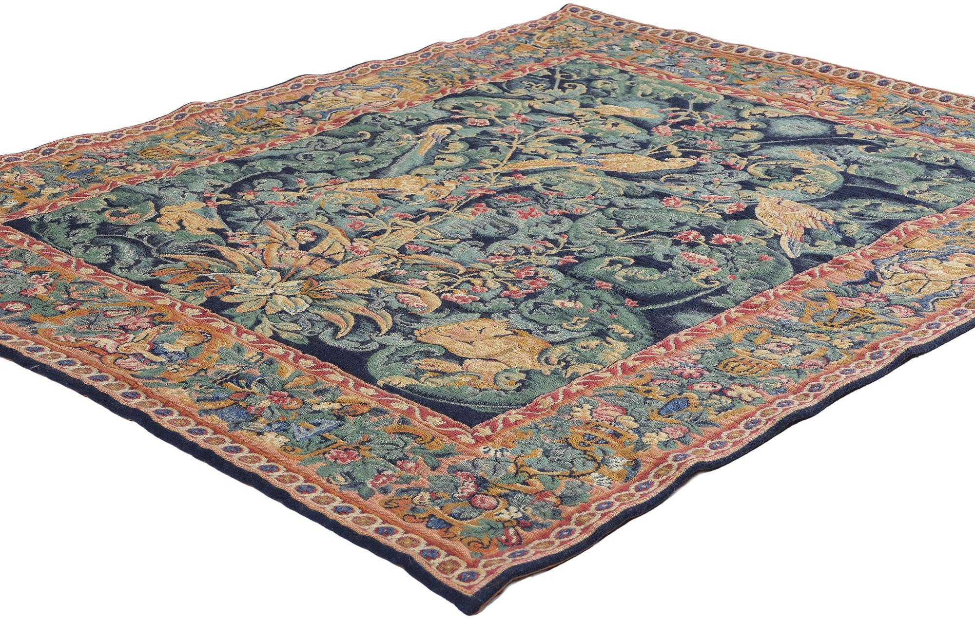 79023 Vintage French Aristolochia Leaves Tapestry, 04'03 x 05'03. This vintage French tapestry, expertly crafted by Tapisseries du Lion des Flandres, is a remarkable homage to the historical artistry of Audenarde—a renowned Belgian town celebrated