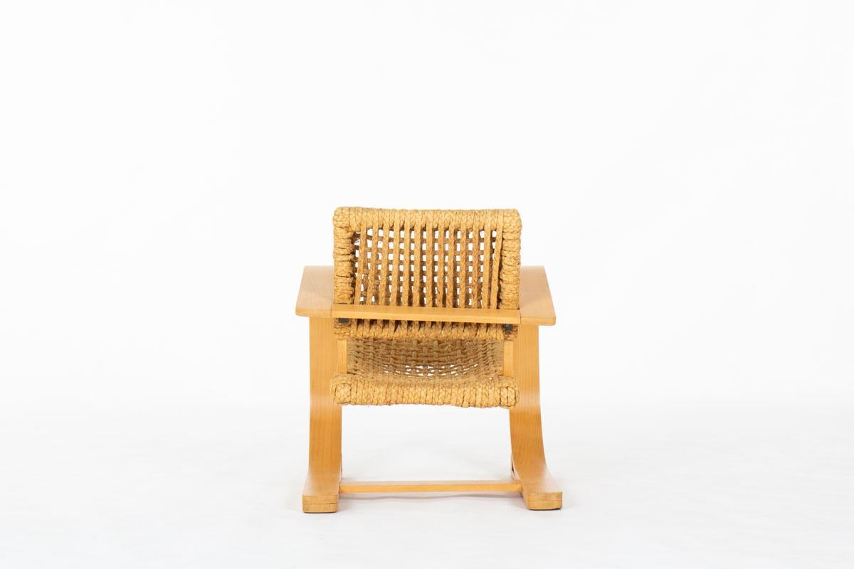 Vintage French Armchair in Rope and Beech by Adrien Audoux & Frida Minet, 1950s en Bueno estado para la venta en JASSANS-RIOTTIER, FR