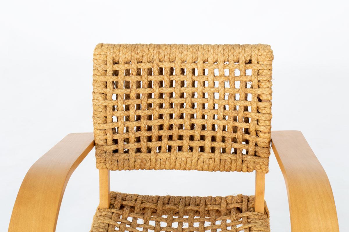 Vintage French Armchair in Rope and Beech by Adrien Audoux & Frida Minet, 1950s siglo XX en venta