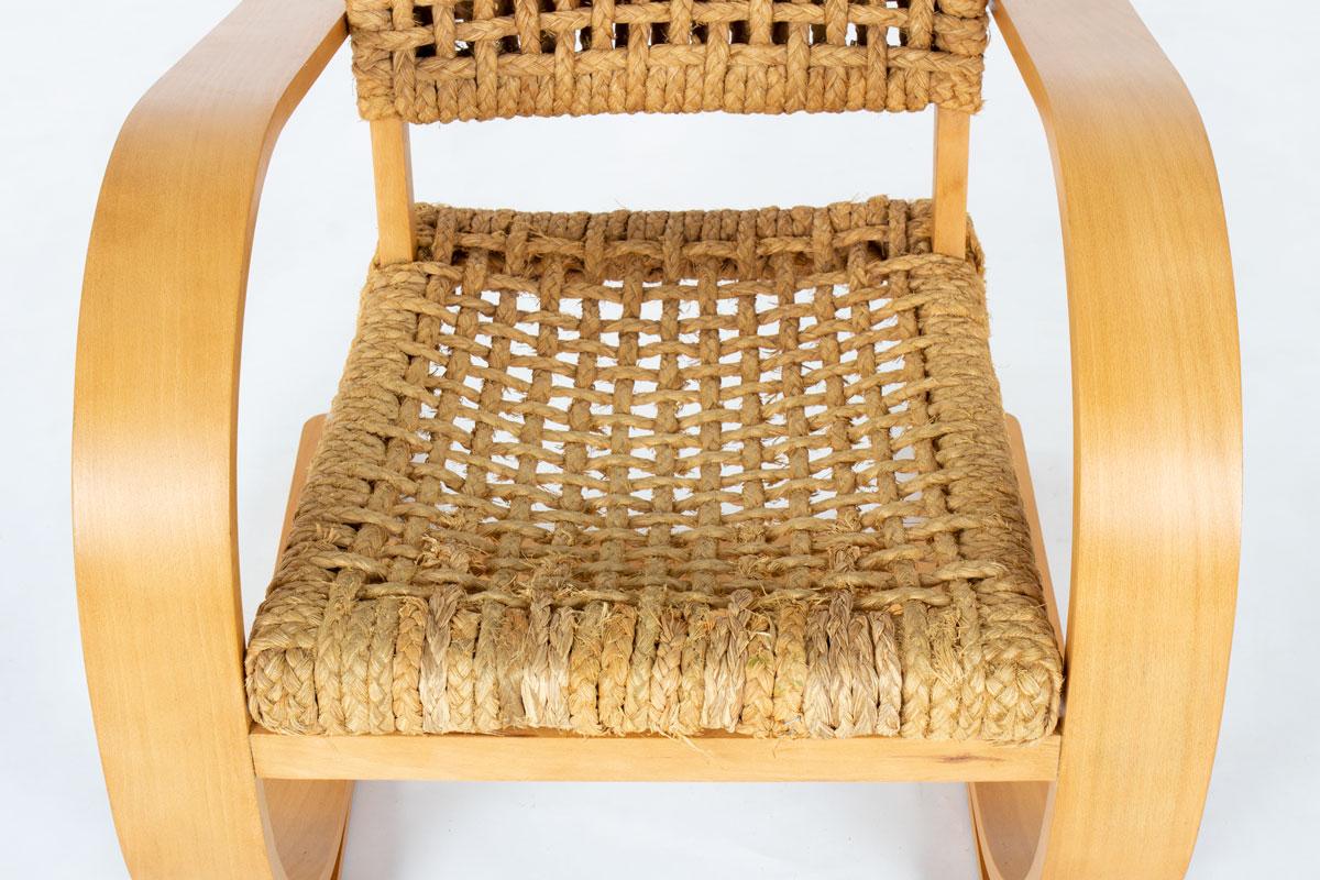 Vintage French Armchair in Rope and Beech by Adrien Audoux & Frida Minet, 1950s Soga en venta