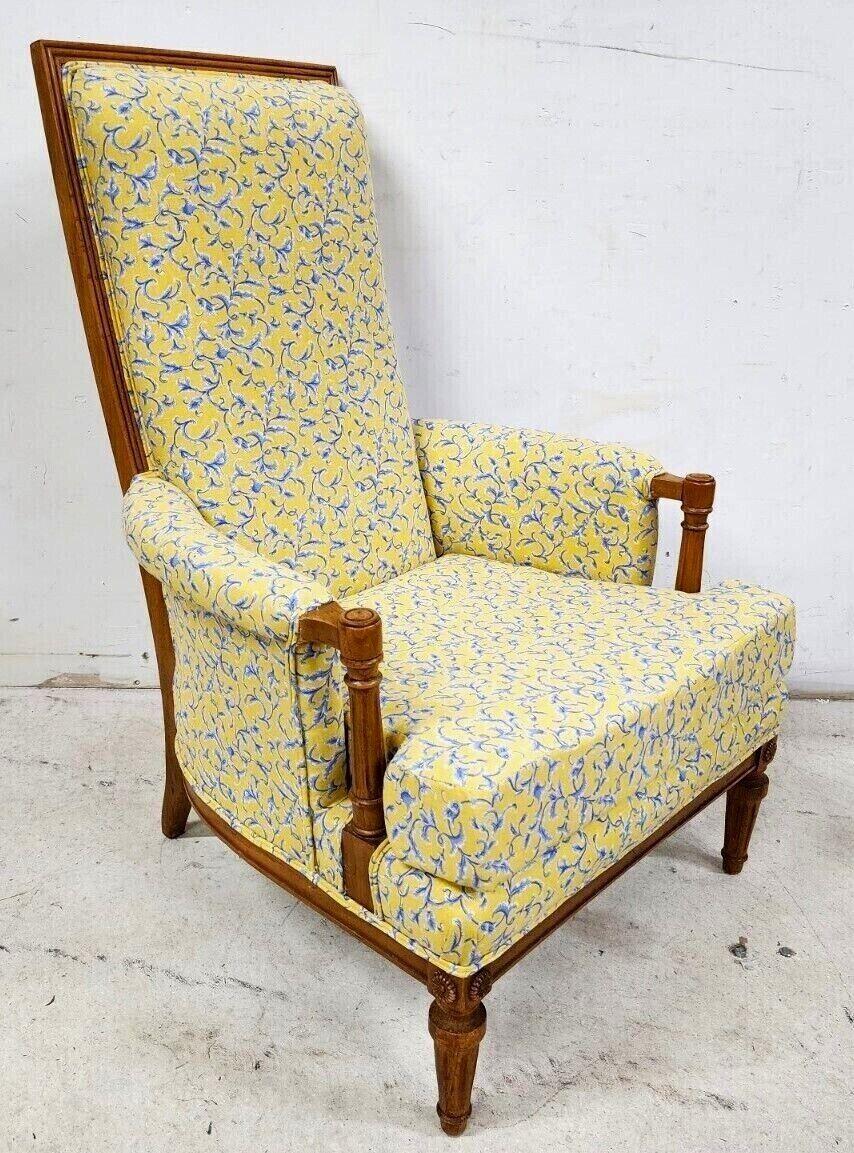 Offering one of our recent palm beach estate fine furniture acquisitions of a 
Vintage Country French matching armchair & queen headboard custom upholstery
Cushion is soft.

Approximate measurements in inches
Chair:
42