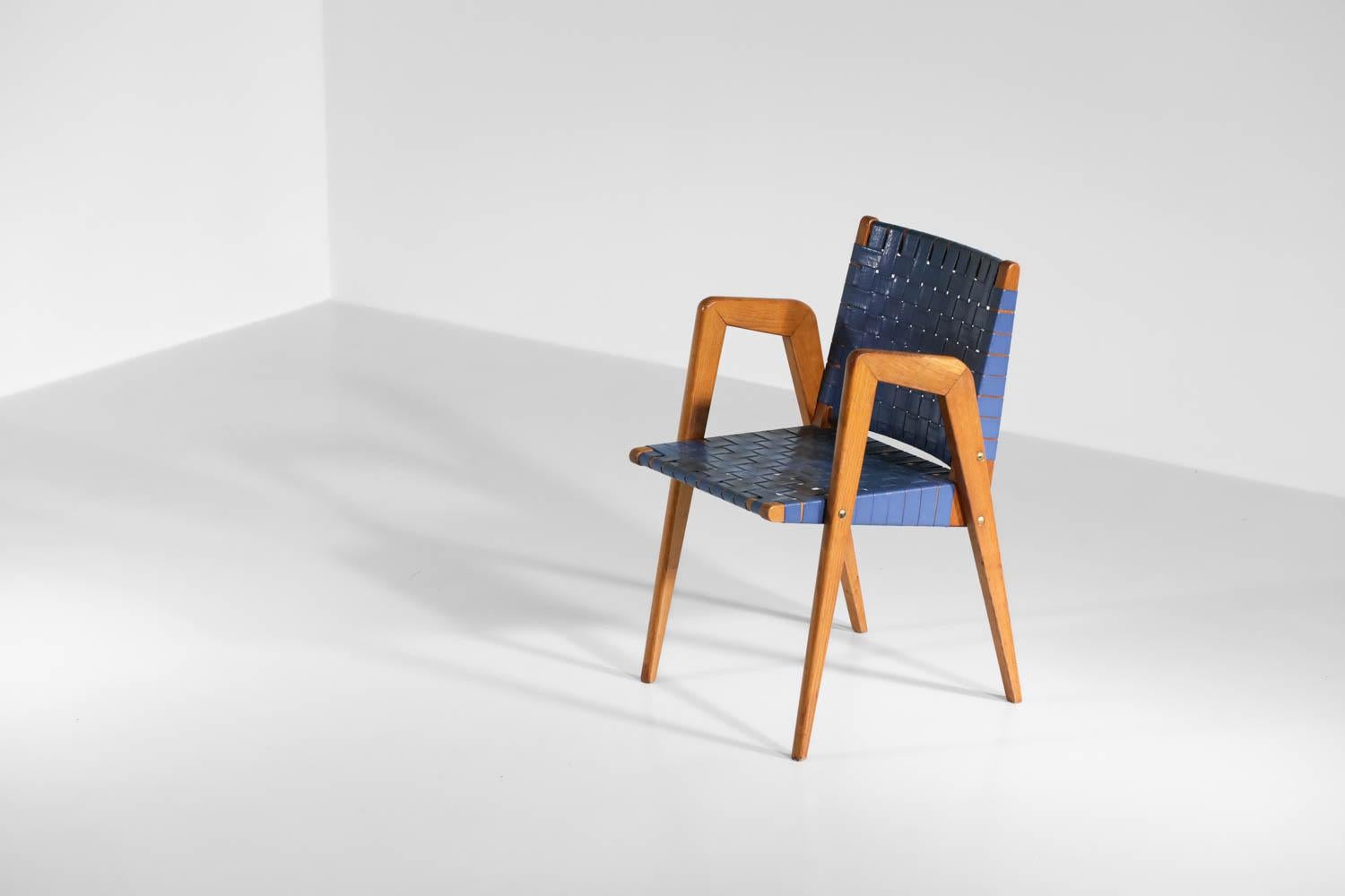 Französische Sessel im Roger Landault-Stil mit Kompassbeinen, 50''s (Eichenholz) im Angebot
