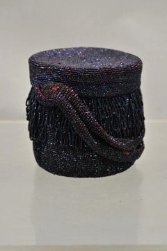 Vintage French Art Deco Blue Red Beaded Handbag Round Box Purse with Mirror