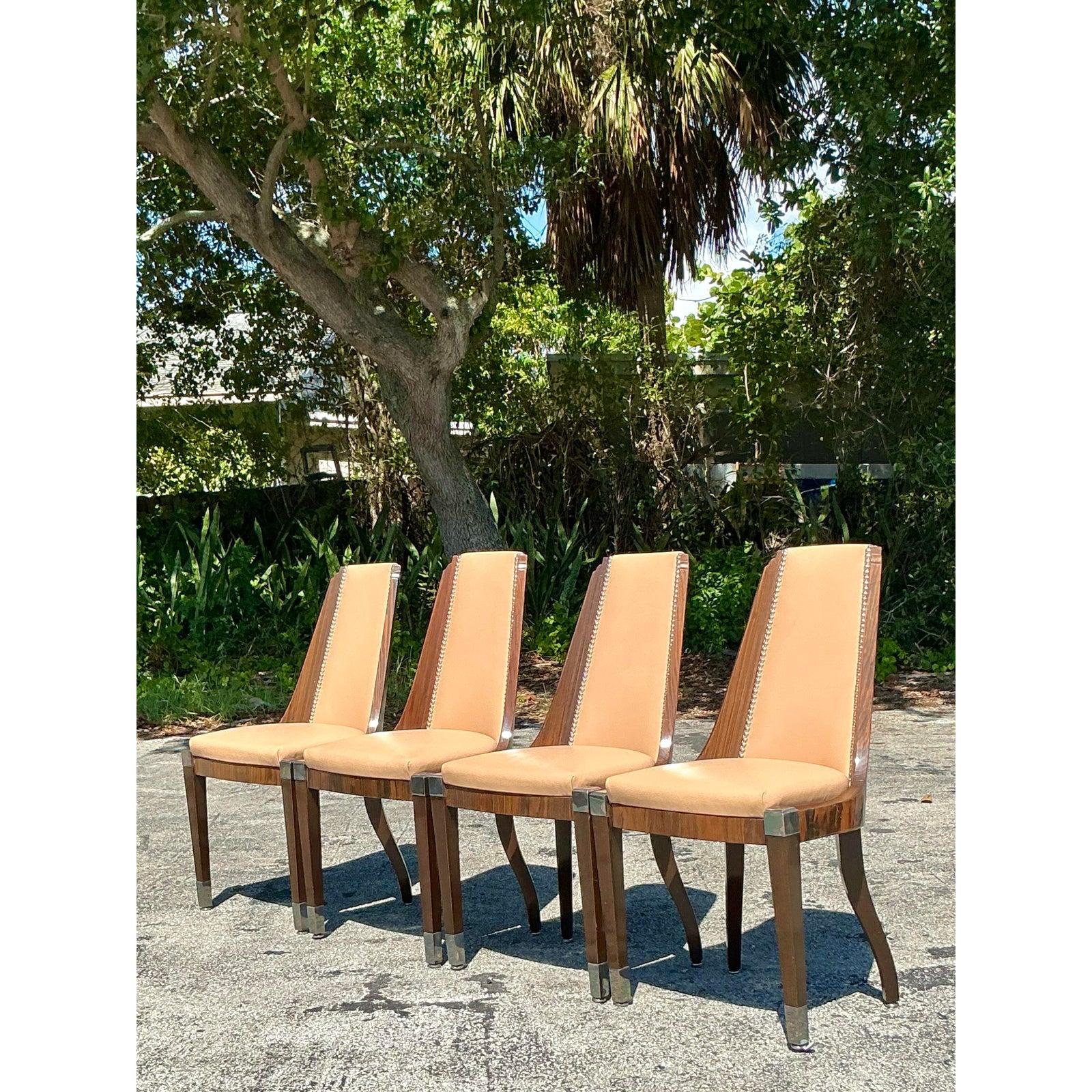 XX secolo Sedie da pranzo in radica e pelle Art of Vintage Art Deco dopo Ruhlman - Set di 4 in vendita