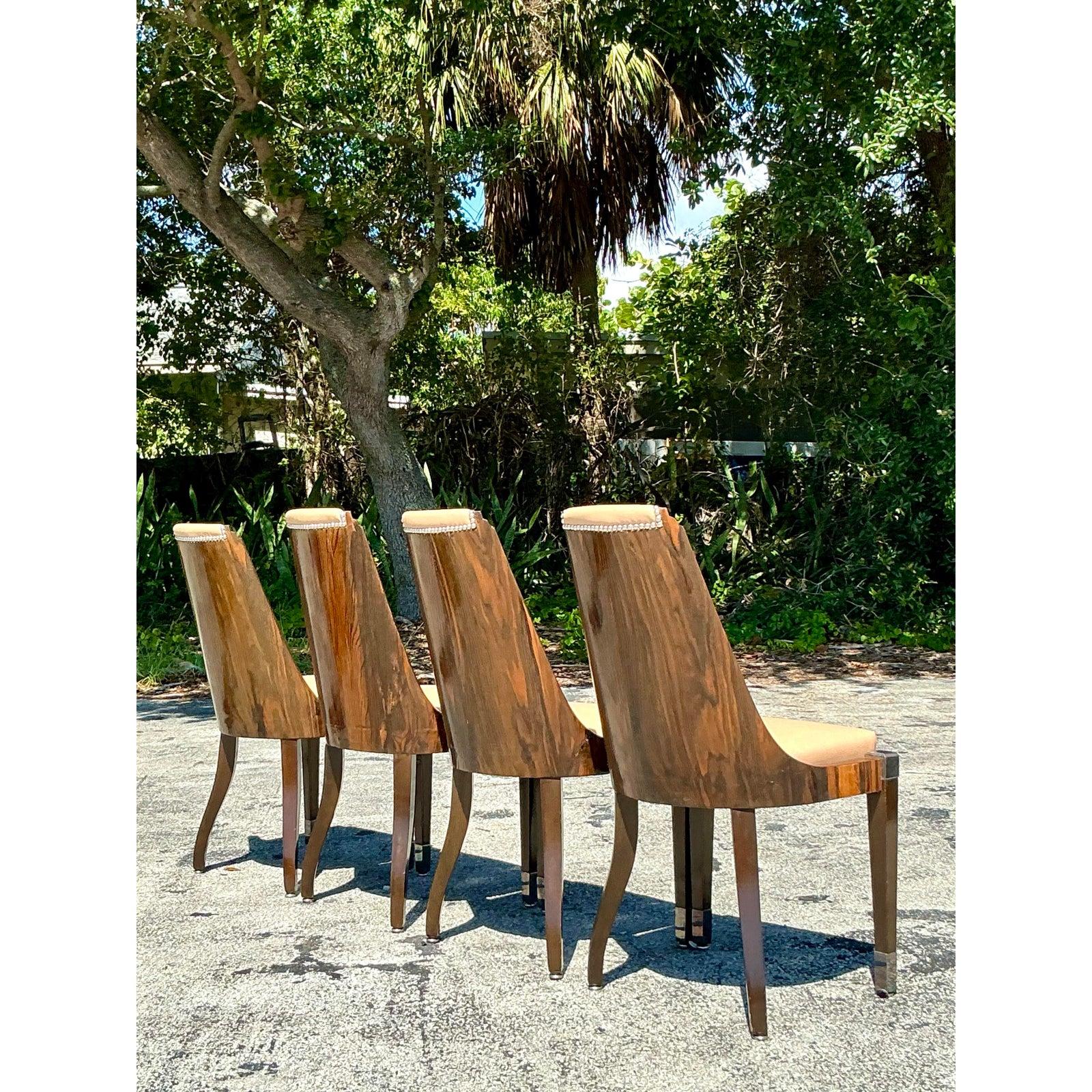 Metallo Sedie da pranzo in radica e pelle Art of Vintage Art Deco dopo Ruhlman - Set di 4 in vendita