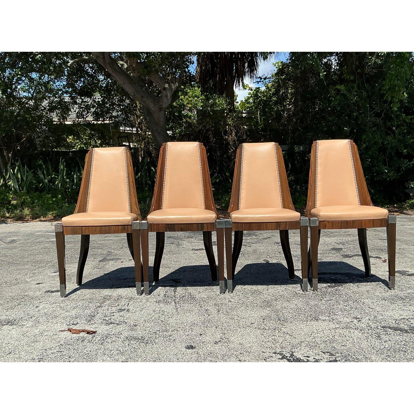 Sedie da pranzo in radica e pelle Art of Vintage Art Deco dopo Ruhlman - Set di 4 in vendita 2