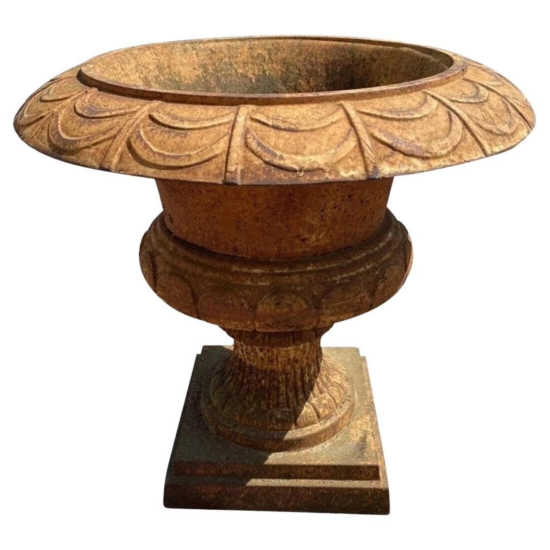 Vintage French Art Deco Cast Iron 20" Brown Campana Urn Outdoor Garden Planter For Sale