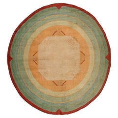 French Mid Century Green and Yellow Art Deco Circular Rug
