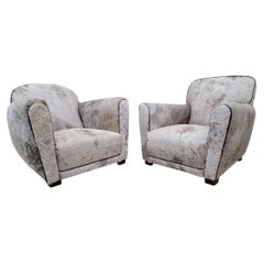 Antique French Art Deco Club Chairs Upholstered In Light Grey Cowhide, Pair