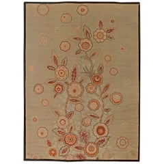 Vintage French Art Deco Floral Brick Red, Orange and Taupe Handwoven Wool Rug
