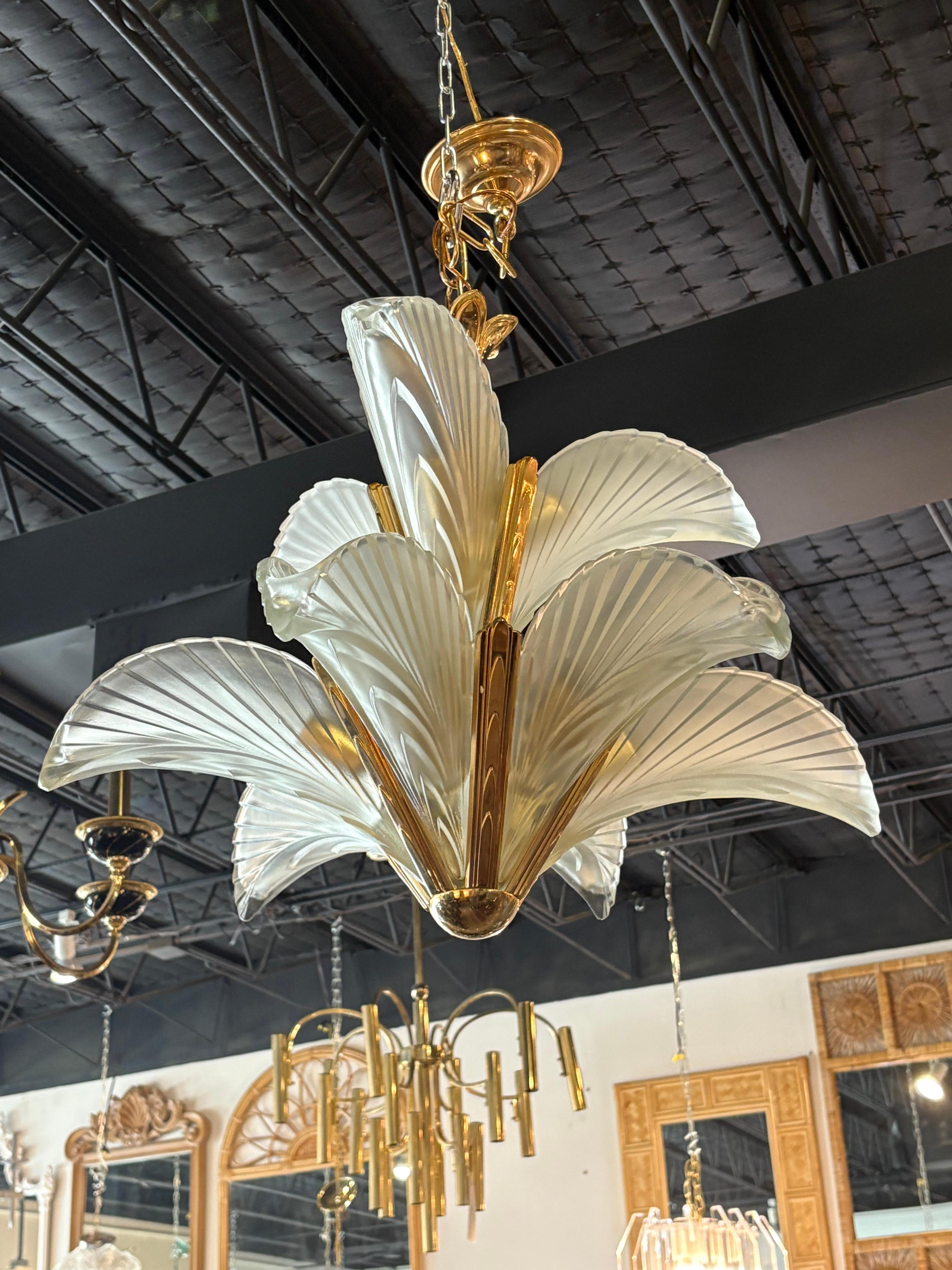 Late 20th Century Vintage French Art Deco Frosted Glass Bronze Palm Tree Leaf Feather Chandelier For Sale