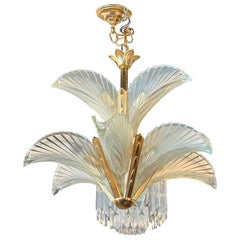 Vintage French Art Deco Frosted Glass Bronze Palm Tree Leaf Feather Chandelier Vintage French Art Deco Frosted Glass Bronze Palm Tree Leaf Feather Chandelier