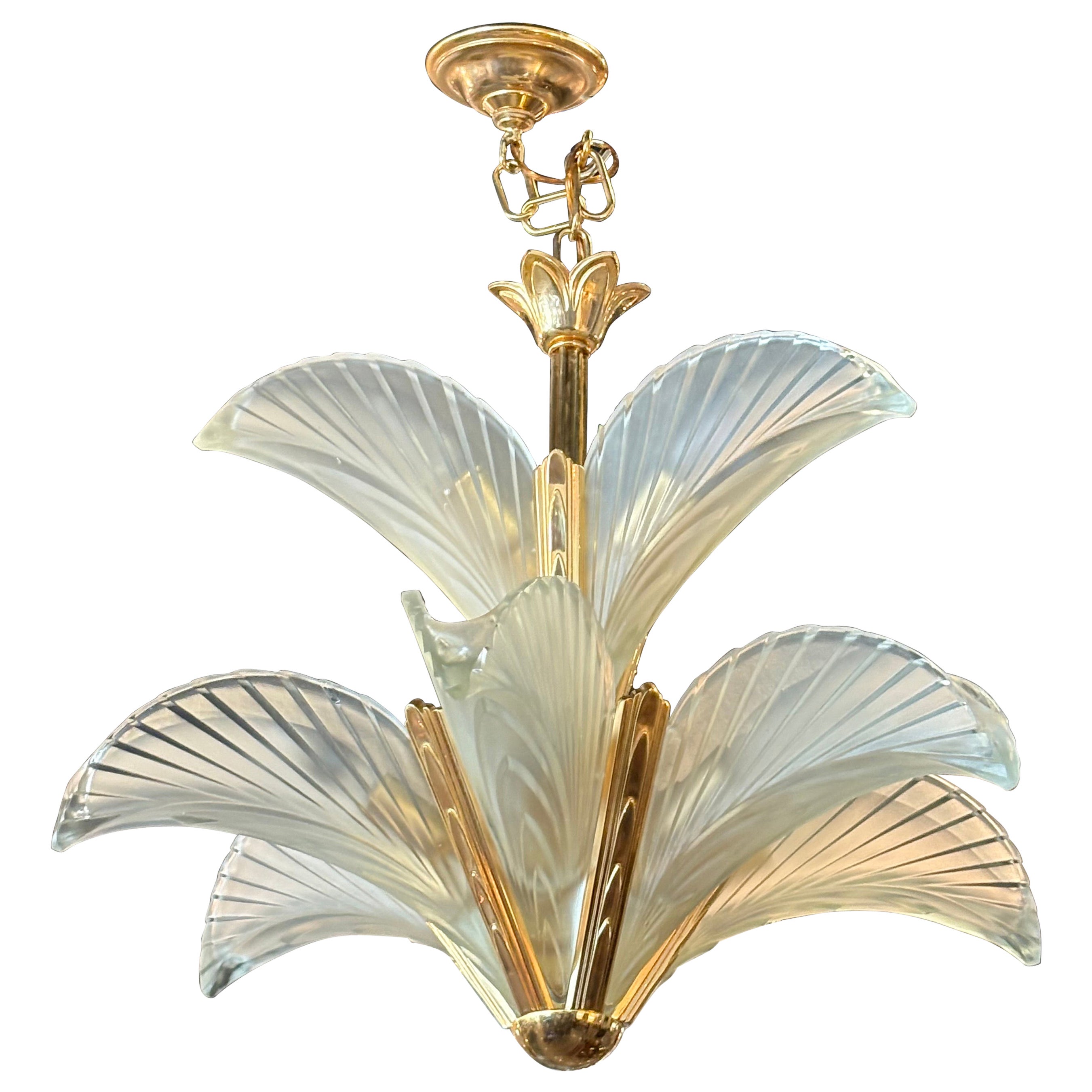 Vintage French Art Deco Frosted Glass Bronze Palm Tree Leaf Feather Chandelier For Sale