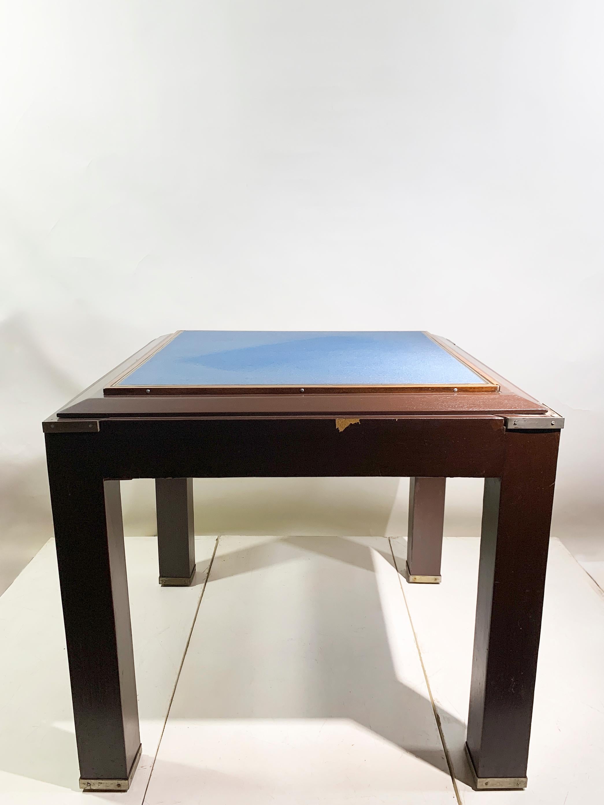 Leather Vintage French Art Deco Game Table, Wood and Brass, Circa 1950 For Sale