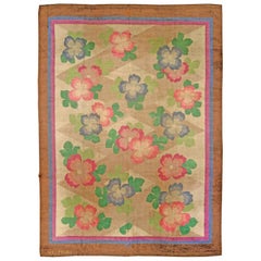 Vintage French Art Deco Green, Beige, Pink and Blue Floral Handwoven Wool Rug