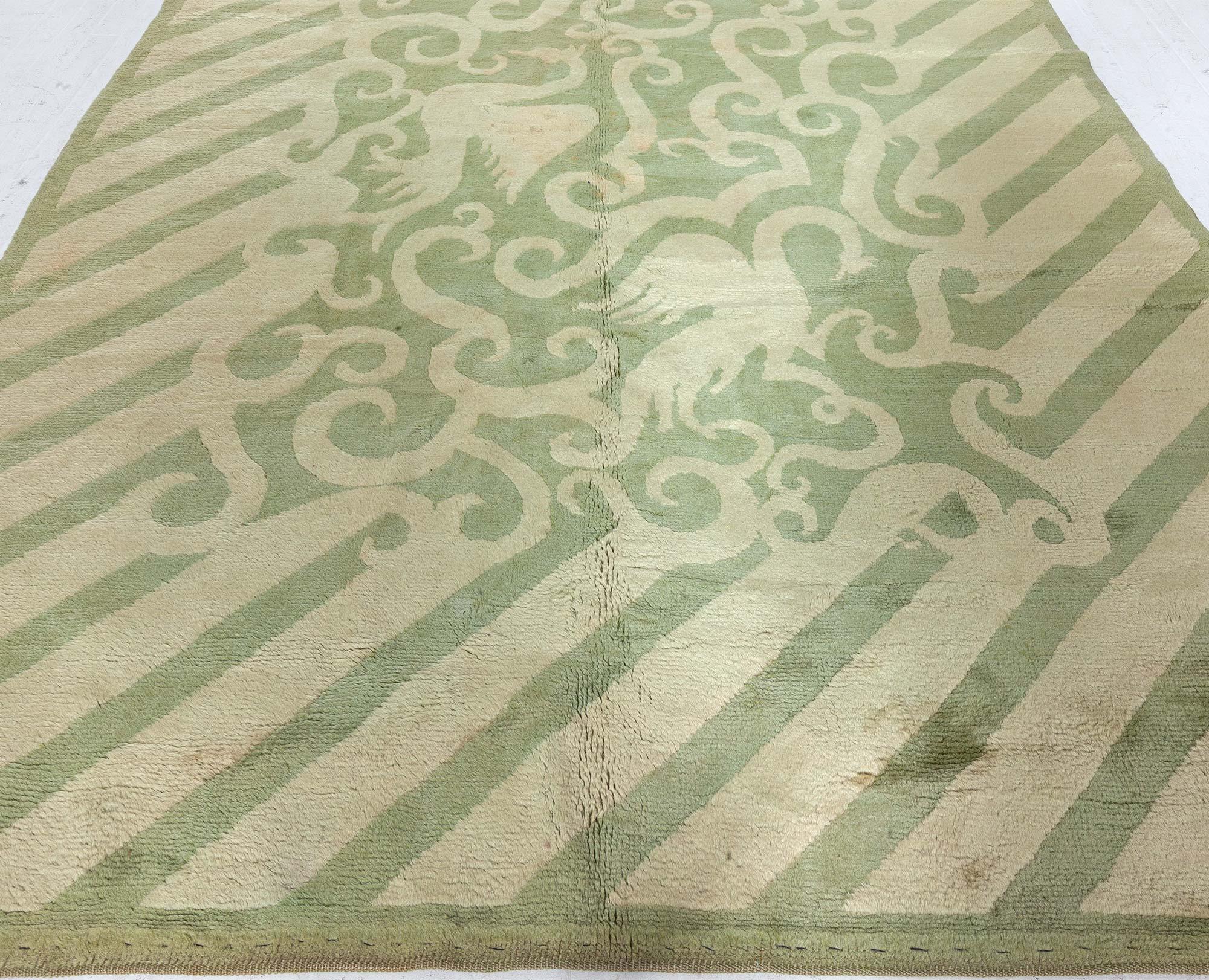 Vintage French Art Deco Green Handmade Wool Rug In Good Condition For Sale In New York, NY