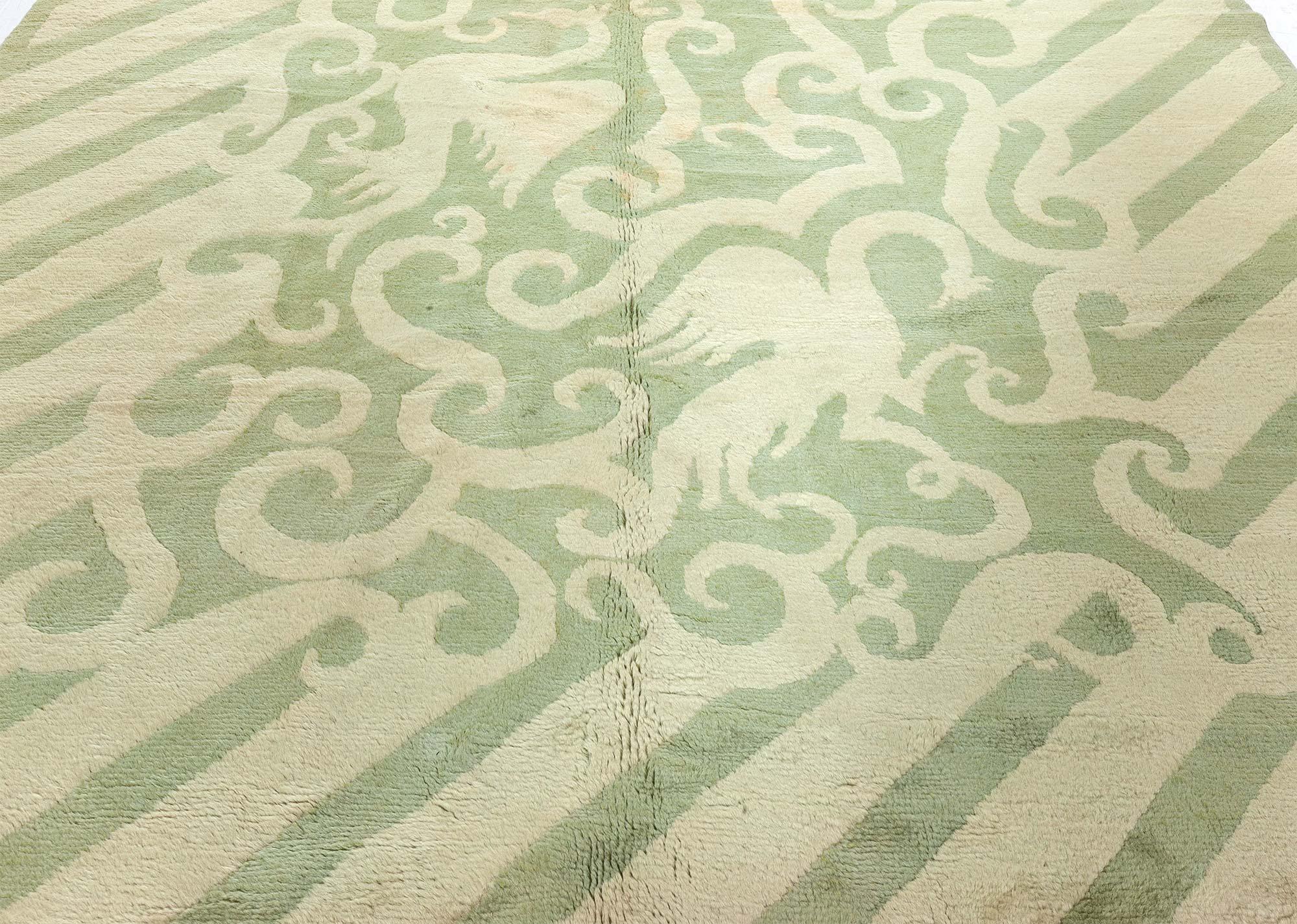 20th Century Vintage French Art Deco Green Handmade Wool Rug For Sale