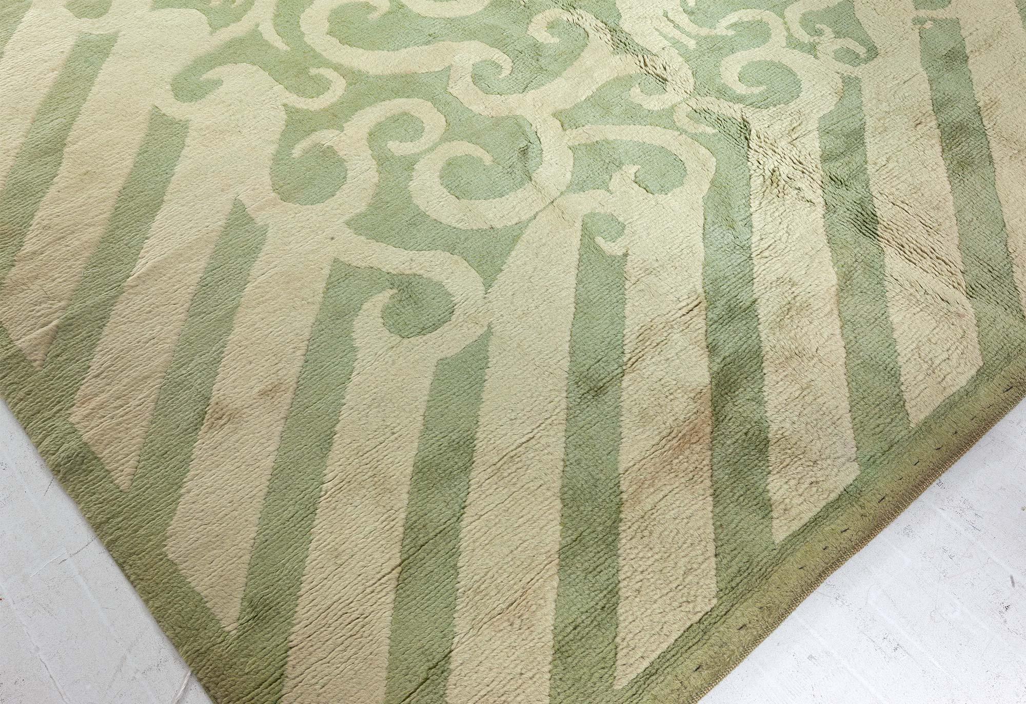 Vintage French Art Deco Green Handmade Wool Rug For Sale 2
