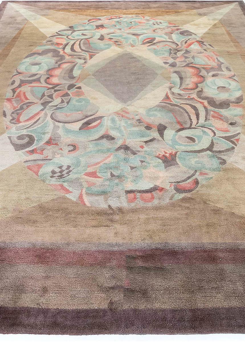 Hand-Knotted Vintage French Art Deco Handmade Wool Rug For Sale