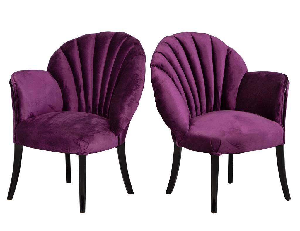 Vintage French Art Deco his and hers Chanel back Parlor chairs. Classic Art Deco design channel back chairs. Featuring sleek black lacquer show wood on the sides and fine legs. Newly upholstered in a designer mauve velvet giving these chairs a