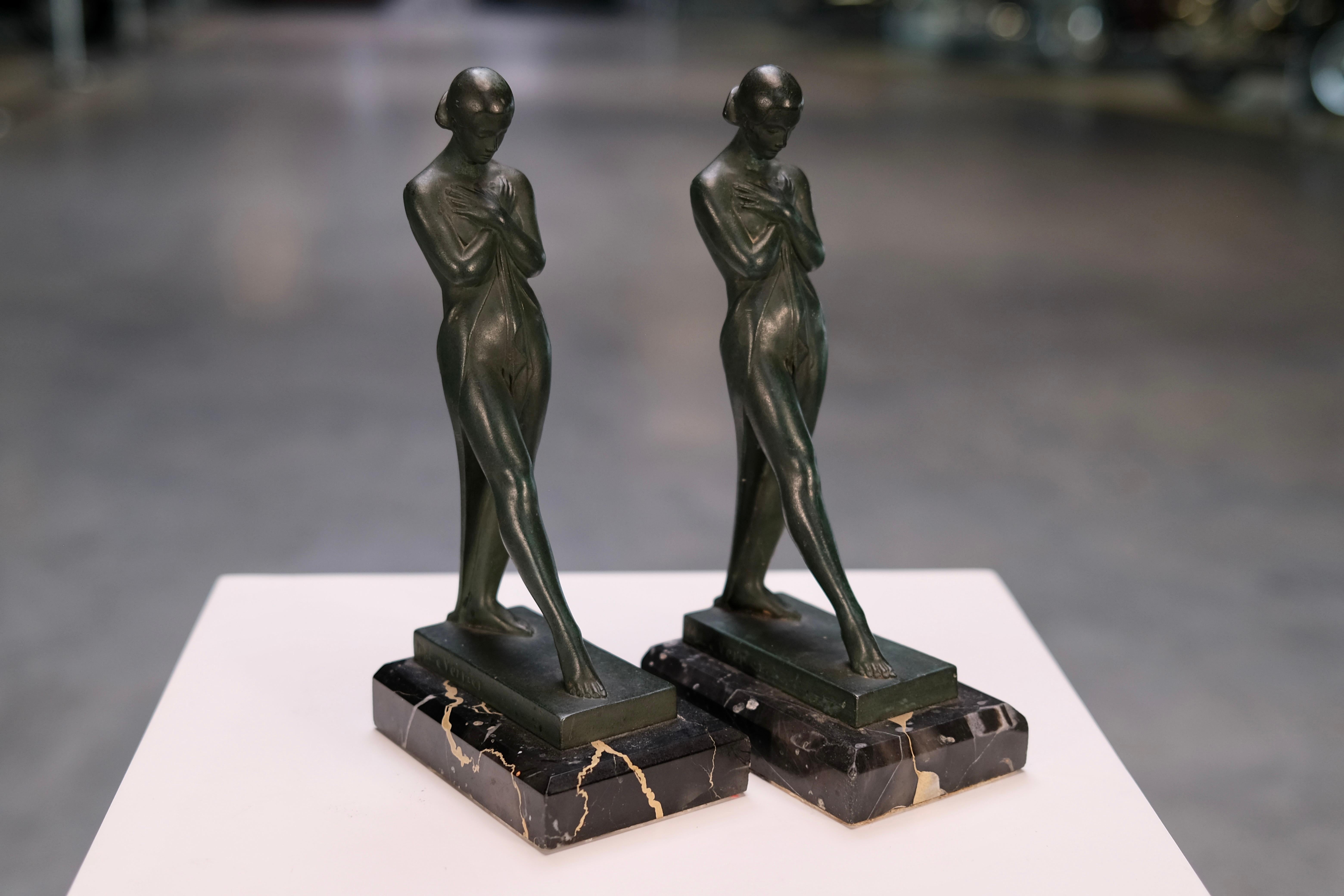 Vintage French Art Deco Lady Bookends Meditation by Fayral for Max Le Verrier 3