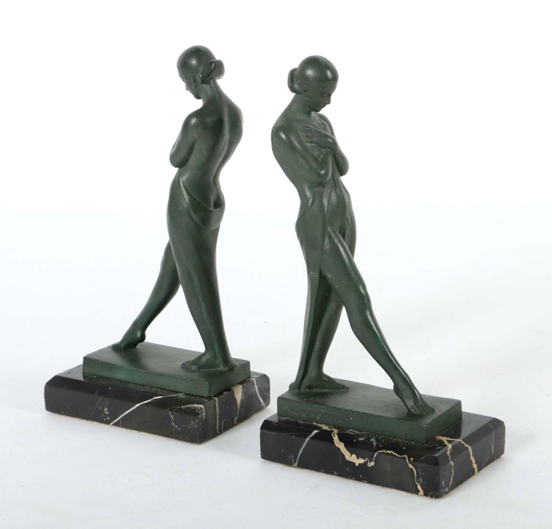 “Meditation”
Designed in France during the roaring 1920s by “Fayral”, which is one of the pseudonyms from “Pierre Le Faguays” (1892-1962), signed.
Original “Max Le Verrier”
Original Art Deco, France, 1920/30s 

Bookends made in “Régule”