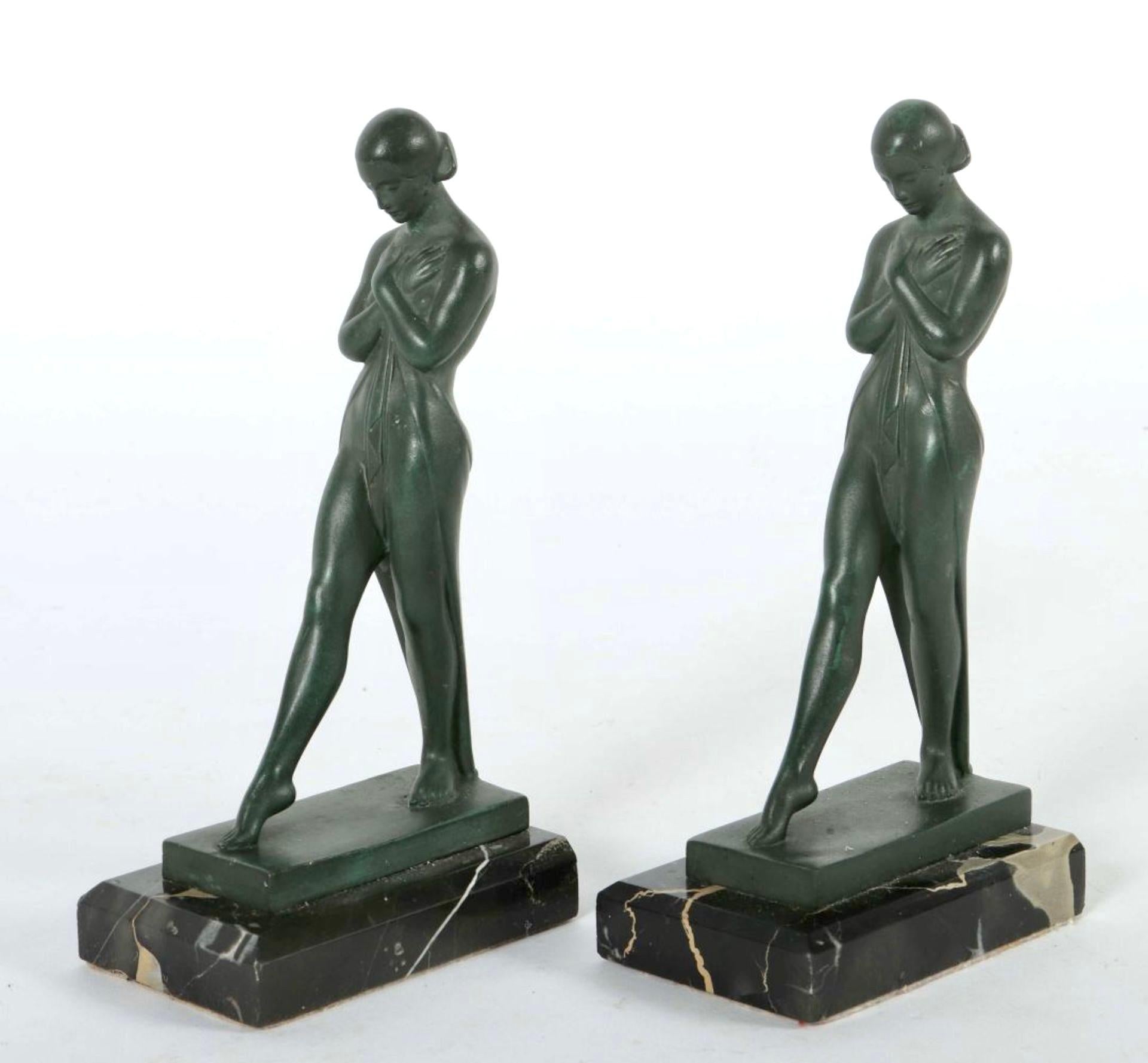Patinated Vintage French Art Deco Lady Bookends Meditation by Fayral for Max Le Verrier For Sale